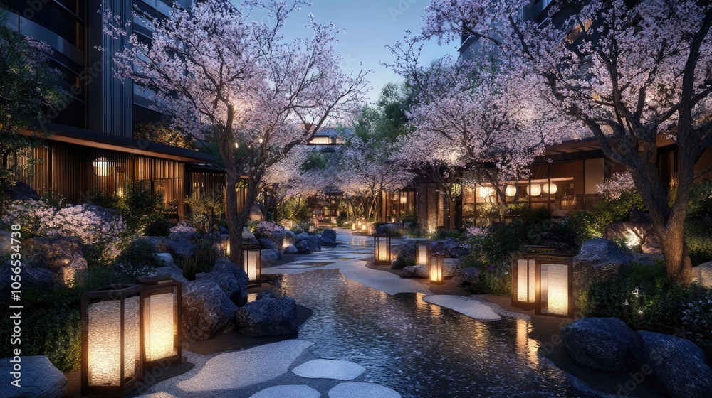 Serene Japanese Garden with Cherry Blossoms at Dusk Serene Japanese Garden with Cherry Blossoms at Dusk