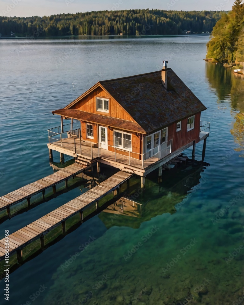 Wooden Cabin on Stilts Over Clear Lake Water with Two Docks Wooden Cabin on Stilts Over Clear Lake Water with Two Docks