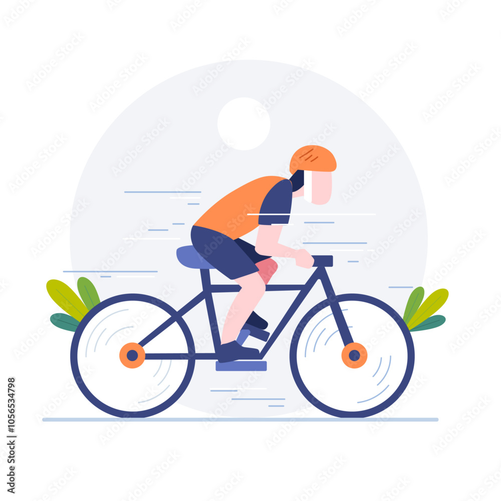 Man riding bicycle fast with helmet, orange vest. Man riding bicycle fast with helmet, orange vest.