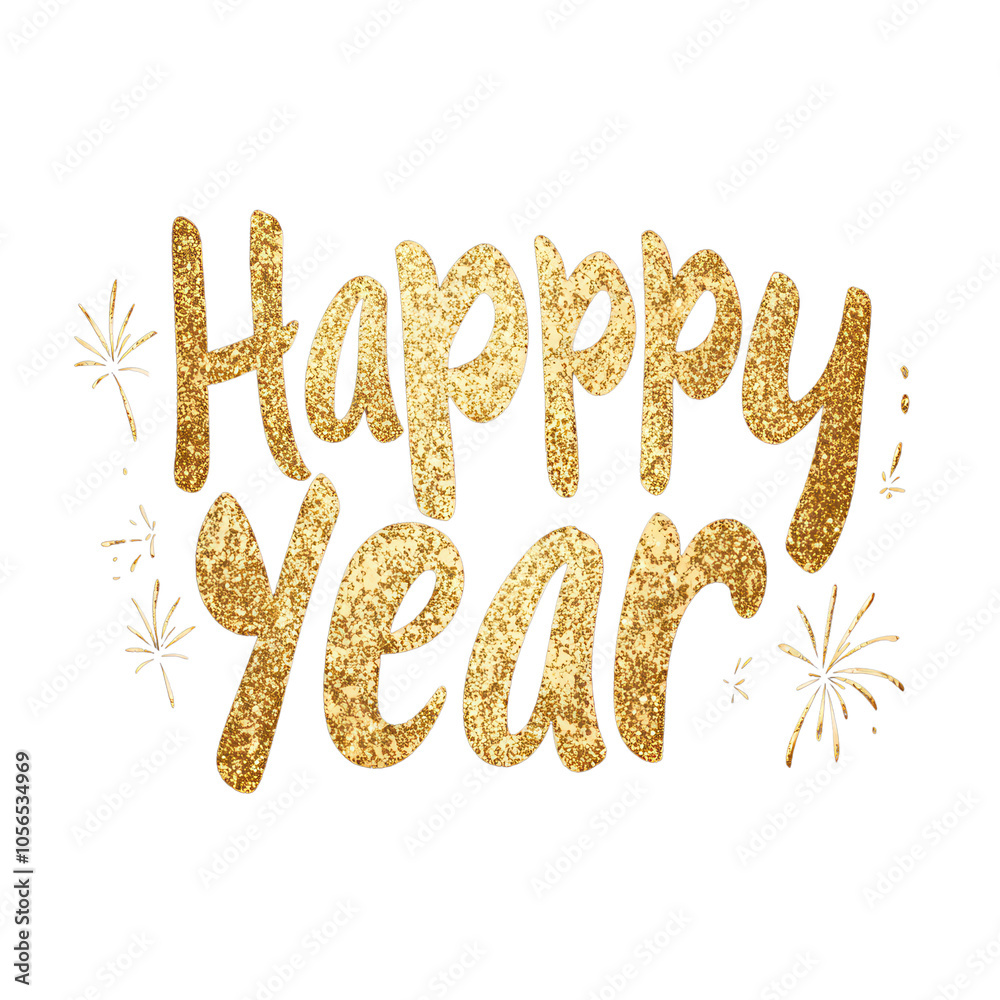 Happy Year text design with glitter effect and fireworks, isolated on white background. Happy Year text design with glitter effect and fireworks, isolated on white background.