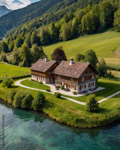 Rural Swiss Chalet Homes with River and Mountain View