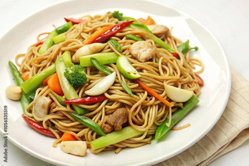 Delicious Stir-Fried Noodles with Colorful Vegetables and Tender Chicken Pieces Delicious Stir-Fried Noodles with Colorful Vegetables and Tender Chicken Pieces