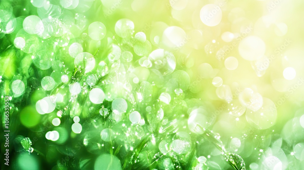 Glowing Green Bokeh Background with Water Droplets Glowing Green Bokeh Background with Water Droplets