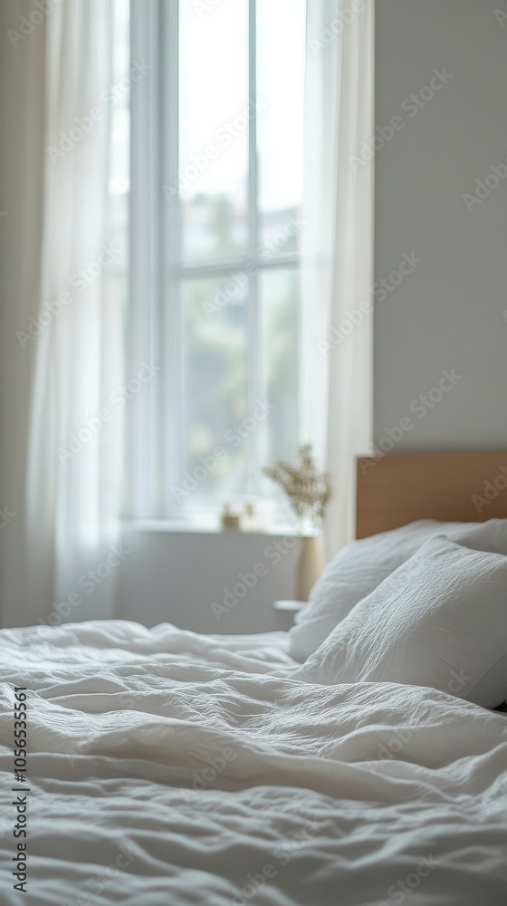 A bed with white sheets and pillows. The room has a window with a view of trees outside A bed with white sheets and pillows. The room has a window with a view of trees outside