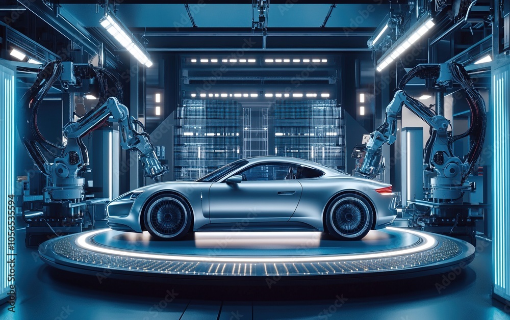 A silver sports car on a rotating platform is being assembled by robotic arms in a factory. A silver sports car on a rotating platform is being assembled by robotic arms in a factory.