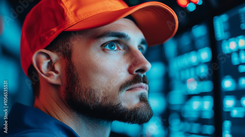 A focused male worker in an orange cap, analyzing data on multiple screens in a modern office environment, exuding concentration and dedication.