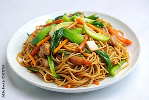 Vibrant Plate of Freshly Cooked Stir-Fried Noodles with Colorful Vegetables and Tender Chicken