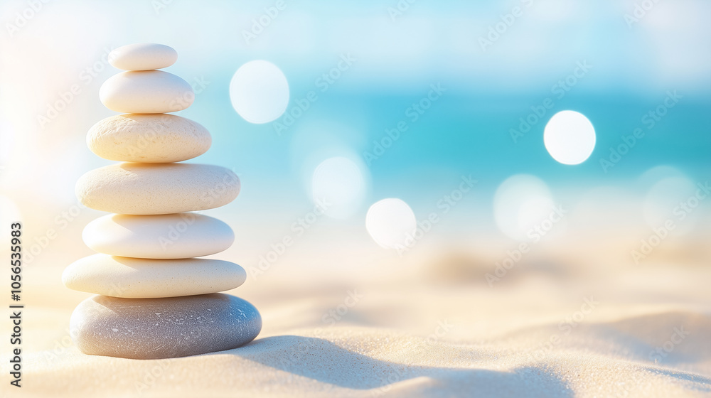 Obraz premium Zen stones are carefully balanced on soft sand, embodying tranquility by the ocean on a sunny day