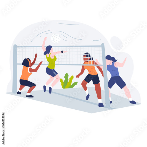Four women playing volleyball with net and ball.