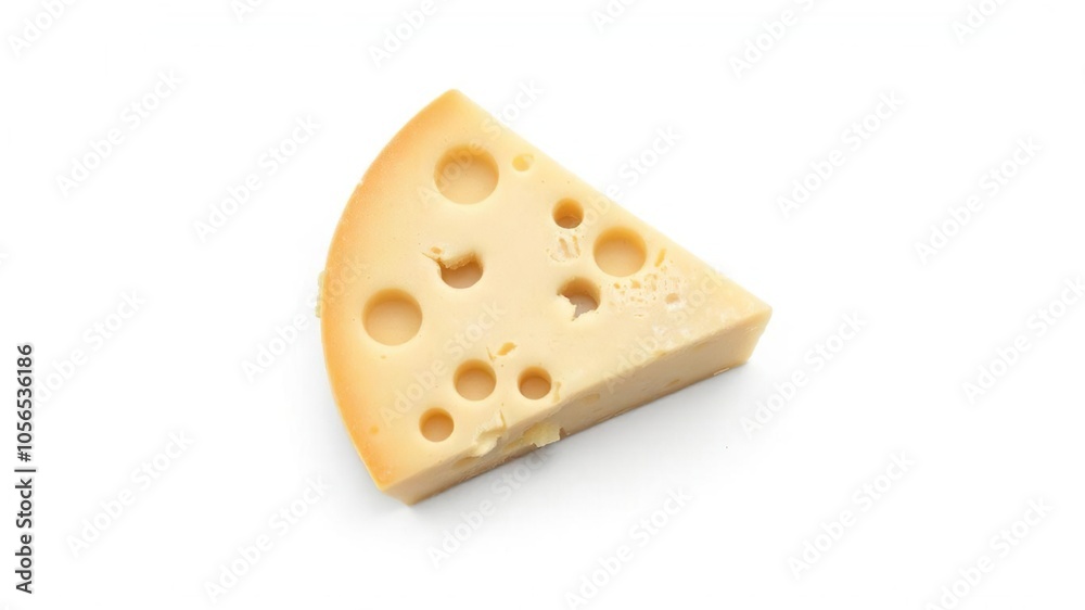 Piece of Maasdam cheese with characteristic holes isolated on a white background, culinary, creamy, snack Piece of Maasdam cheese with characteristic holes isolated on a white background, culinary, creamy, snack