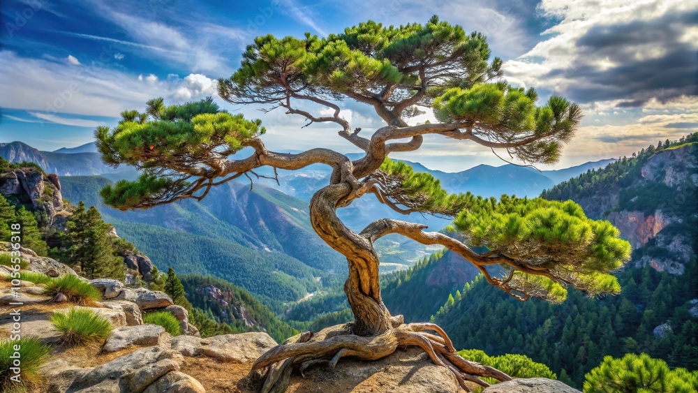 Pine tree with unique twisted trunk and gnarled branches in a scenic mountainous area, roots, branches, tree Pine tree with unique twisted trunk and gnarled branches in a scenic mountainous area, roots, branches, tree