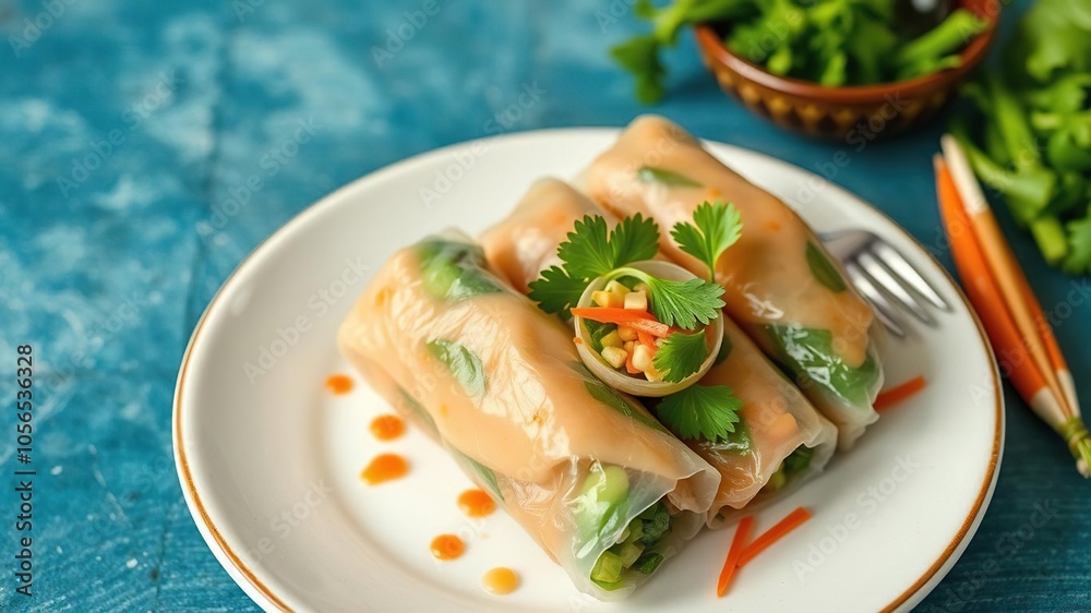 Pink rice paper roll filled with fresh vegetables and herbs on a sleek black background, colorful, cuisine Pink rice paper roll filled with fresh vegetables and herbs on a sleek black background, colorful, cuisine