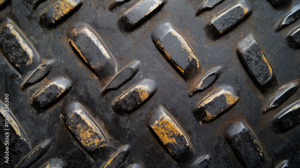 Closeup of weathered black diamond plate metal with rust Closeup of weathered black diamond plate metal with rust