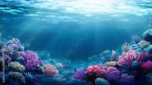 Fototapeta Naklejka Na Ścianę i Meble -  Vibrant coral reef under clear blue ocean water. Coral Reef at Dawn. Illustration