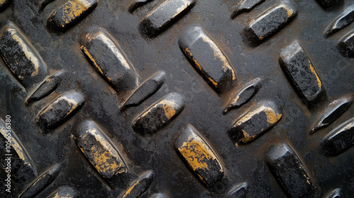 Closeup of weathered black diamond plate metal with rust