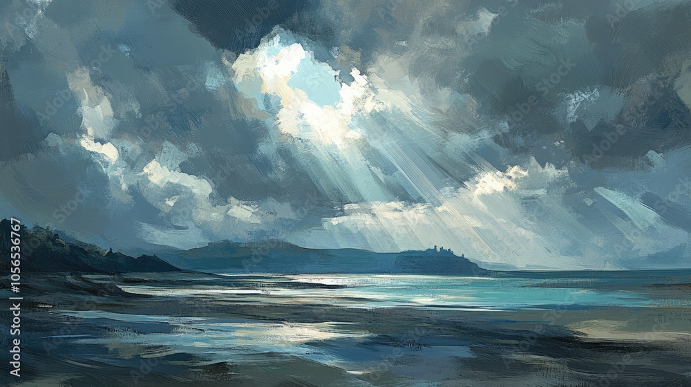 Serene Beach Scene with Dramatic Cloudy Skies Serene Beach Scene with Dramatic Cloudy Skies