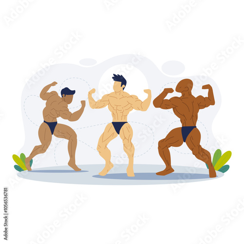 Three muscular men with varying skin tones flexing their muscles. Suitable for fitness, diversity, and strength themed designs and projects.