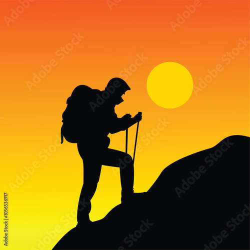 a man is climbing a mountain alone with a view of the sunset, mountain sticker