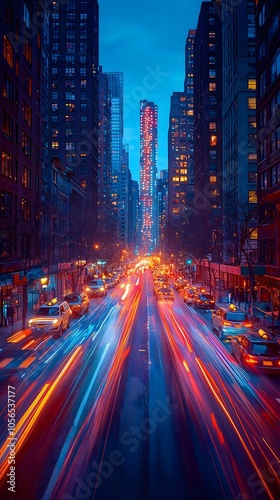 Slow shutter capture of car light trails in a city, medium: night photography, style: reminiscent of Brassai, lighting: artificial city lights, colors: neon and dark blues