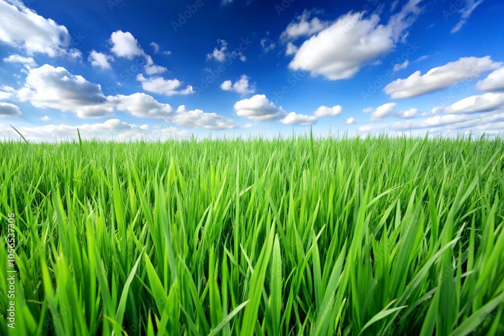 Beautiful Green Grass Field Under a Bright Blue Sky and Cotton-Like Clouds Captured in Summer Beautiful Green Grass Field Under a Bright Blue Sky and Cotton-Like Clouds Captured in Summer