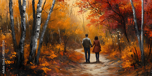 Autumn Romance: A Couple Walks Hand-in-Hand Down a Path Through a Vibrant Forest