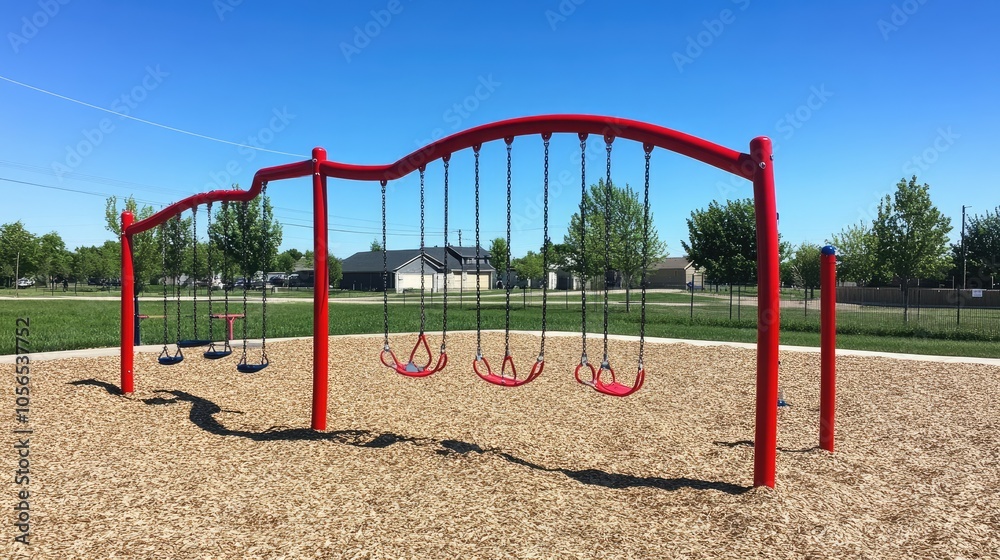 Bright Red Swing Set in a Sunny Playground Scene Bright Red Swing Set in a Sunny Playground Scene