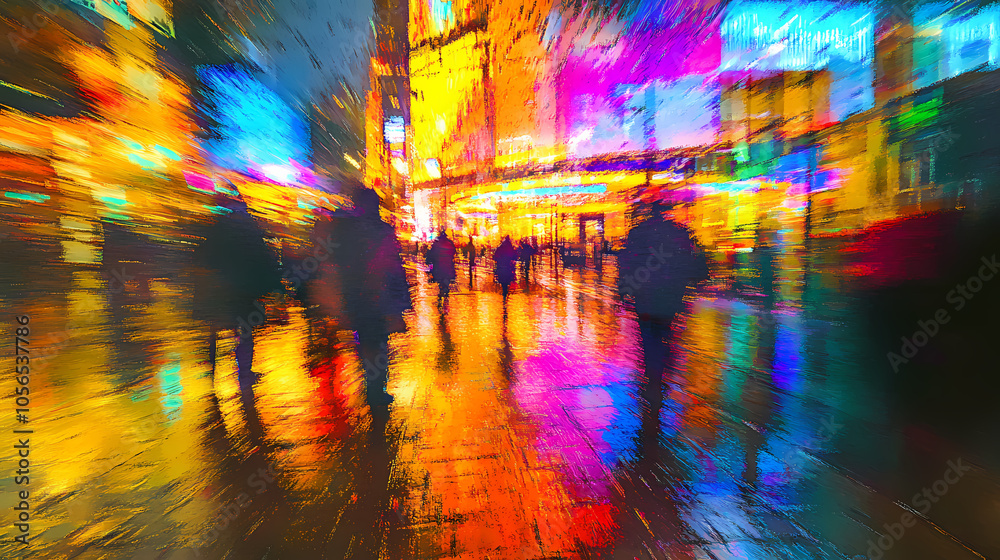 Vibrant urban mirage, rain-soaked streets reflect neon lights and blurred figures, creating a dreamlike atmosphere in a bustling cityscape at night. Rain-soaked Streets. Illustration Vibrant urban mirage, rain-soaked streets reflect neon lights and blurred figures, creating a dreamlike atmosphere in a bustling cityscape at night. Rain-soaked Streets. Illustration