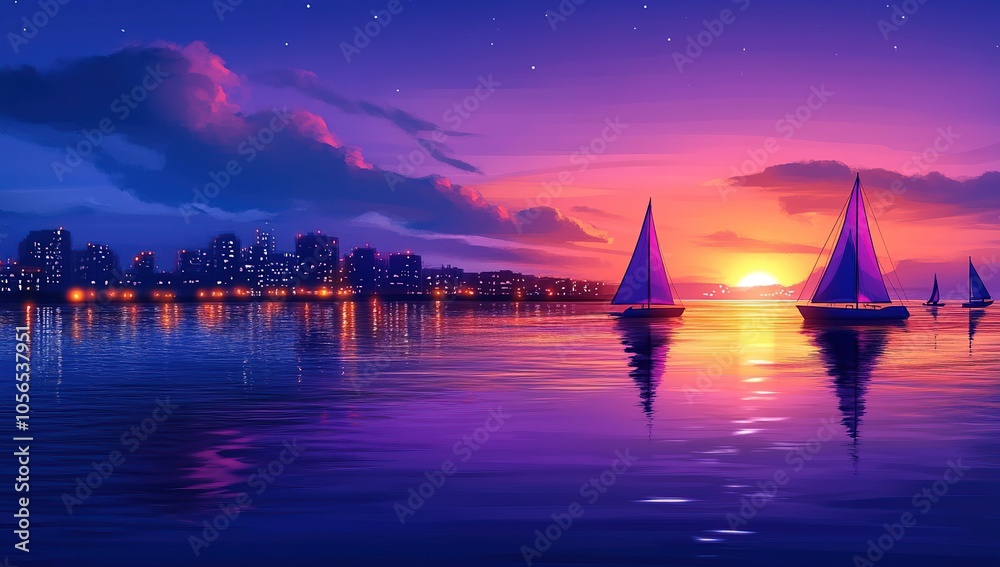 A vibrant sunset over a city skyline with sailboats on the water. A vibrant sunset over a city skyline with sailboats on the water.