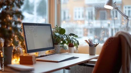 Open office space decorated for Christmas holidays with trees and ornaments, creating warm and festive atmosphere at workplace 