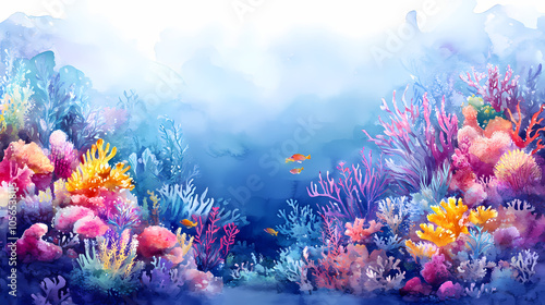 Fototapeta Naklejka Na Ścianę i Meble -  Watercolor abstract coral reef with diverse marine life. Coral Reef at Dawn. Illustration