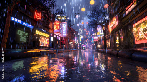 Visionary 3d urban scene: neon-lit cityscape with holographic ads, reflecting on rain-soaked streets for an immersive experience. 3d backgrounds. Rain-soaked Streets. Illustration photo