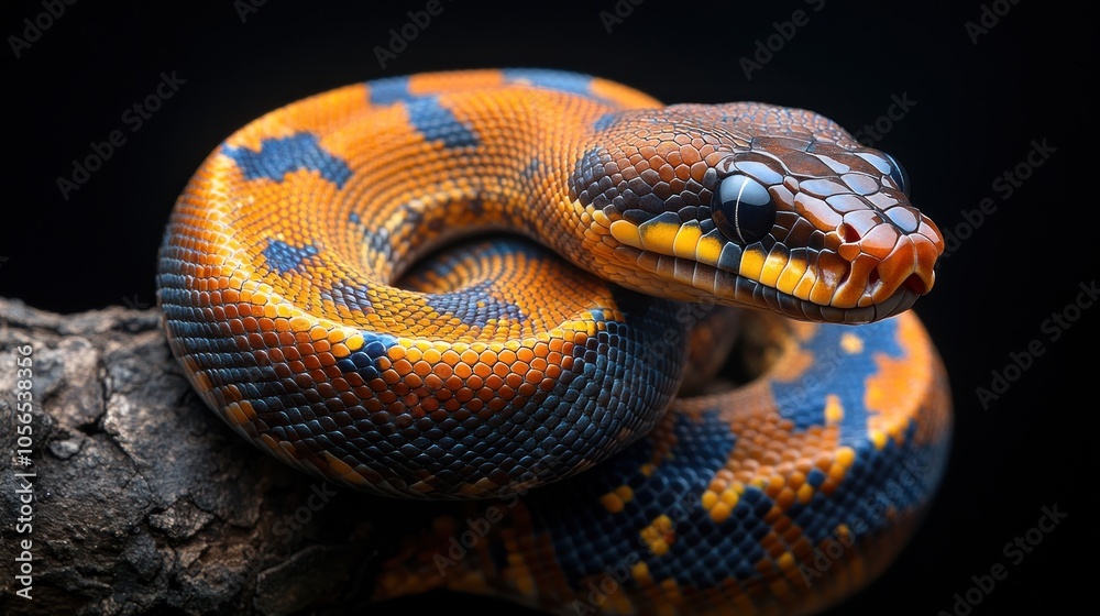 Fototapeta premium A vibrant snake coiled on a branch, showcasing its striking colors.