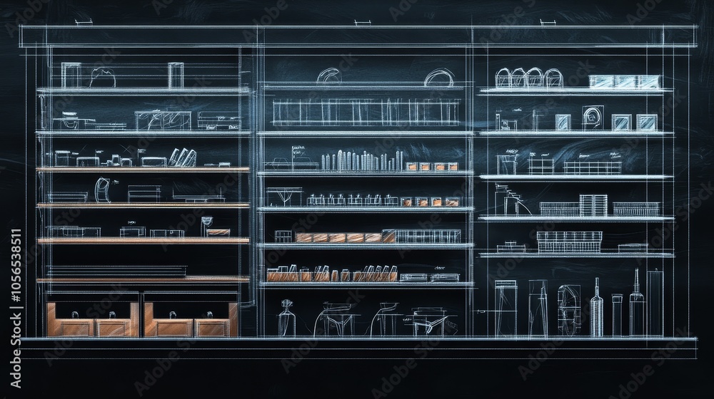 A detailed technical diagram of retail display setup, showing shelves, cabinets, and racks made of wood, metal, and glass materials. Emphasized the outline and details of the structure
