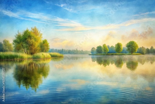 Wallpaper Mural Softly textured watercolor landscape with gentle ripples in a serene lake, natural scenery, peaceful atmosphere, muted colors, serene lake, lake scene Torontodigital.ca