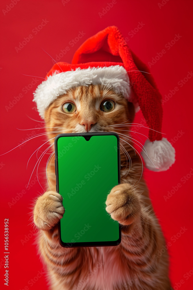 Naklejka premium Festive christmas cat in santa hat holding smartphone with chroma key screen