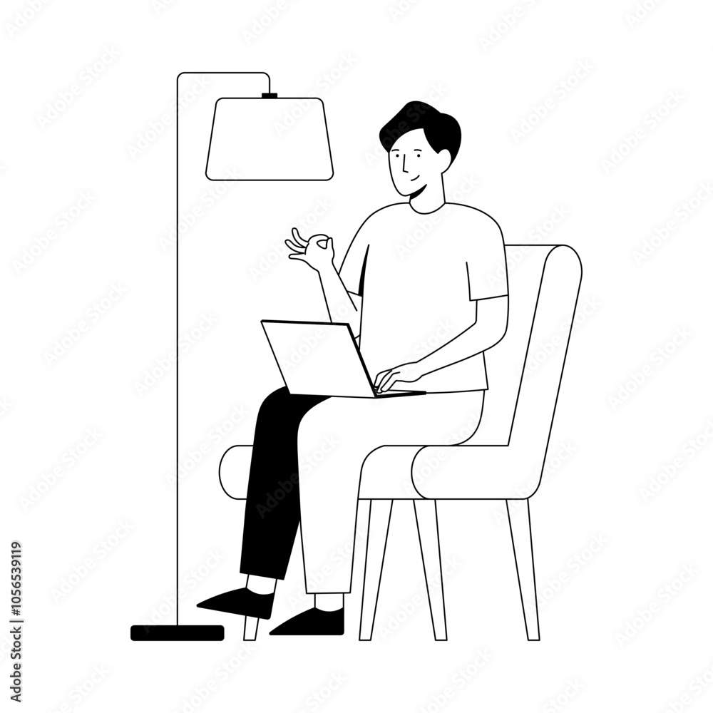 Outline Black & White Illustration 2 Men Sitting Looking Laptop Outline Black & White Illustration 2 Men Sitting Looking Laptop