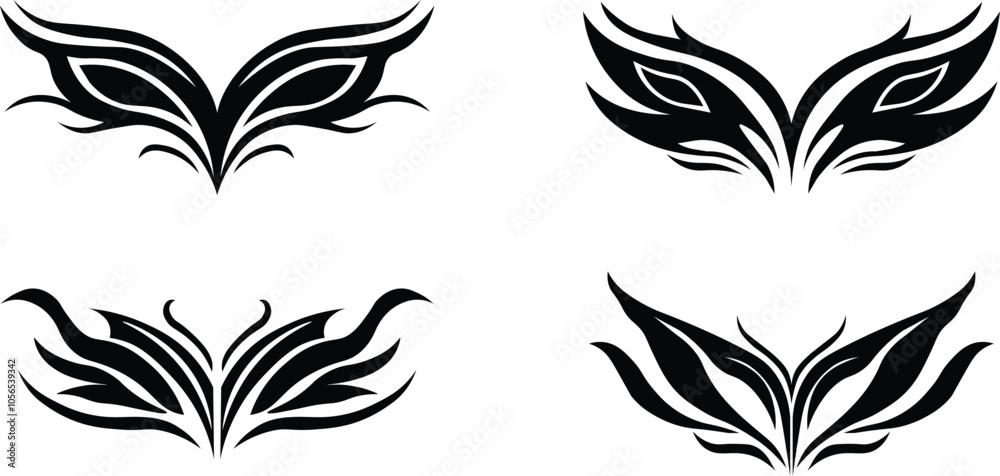 Tribal tattoo icons set. Silhouette flat and line black vector isolated on transparent background Neo tribal y2k aesthetic tattoo gothic cover, fire or wings abstract element collection. Divider body. Tribal tattoo icons set. Silhouette flat and line black vector isolated on transparent background Neo tribal y2k aesthetic tattoo gothic cover, fire or wings abstract element collection. Divider body.
