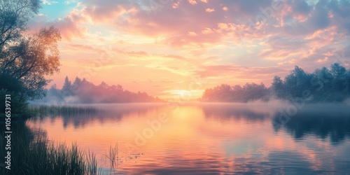 Misty lake sunrise with trees and reflections.