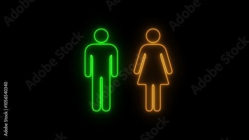 Neon line man and woman toilet icon on black background. Colorful WC toilet icon.