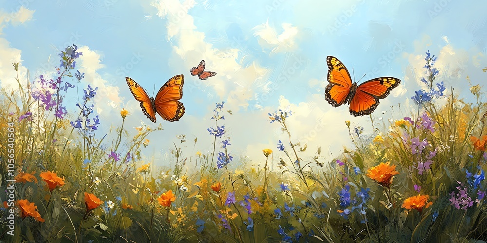 Three orange butterflies fly over a field of wildflowers under a blue sky with white clouds. Three orange butterflies fly over a field of wildflowers under a blue sky with white clouds.