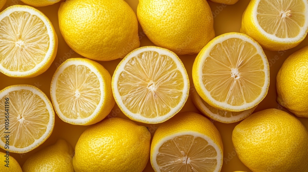 A close-up shot shows fresh, ripe yellow lemons arranged closely together, showcasing their vibrant colors and natural luster. Create a striking visual effect. A close-up shot shows fresh, ripe yellow lemons arranged closely together, showcasing their vibrant colors and natural luster. Create a striking visual effect.