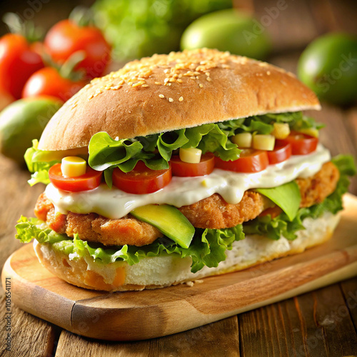 "A Sandwich with Avocado, Tomato, and Lettuce on a Wooden Cutting Board - Un Sándwich con Aguacate, Tomate y Lechuga sobre una Tabla de Corte de Madera"