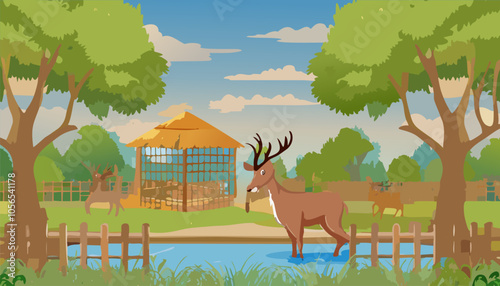 Deer in the park. Cartoon vector illustration. Wild animals.