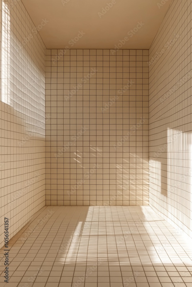 Fototapeta premium A white bathroom with a tiled wall and a window. The tiles are arranged in a grid pattern, and the room is very clean and bright