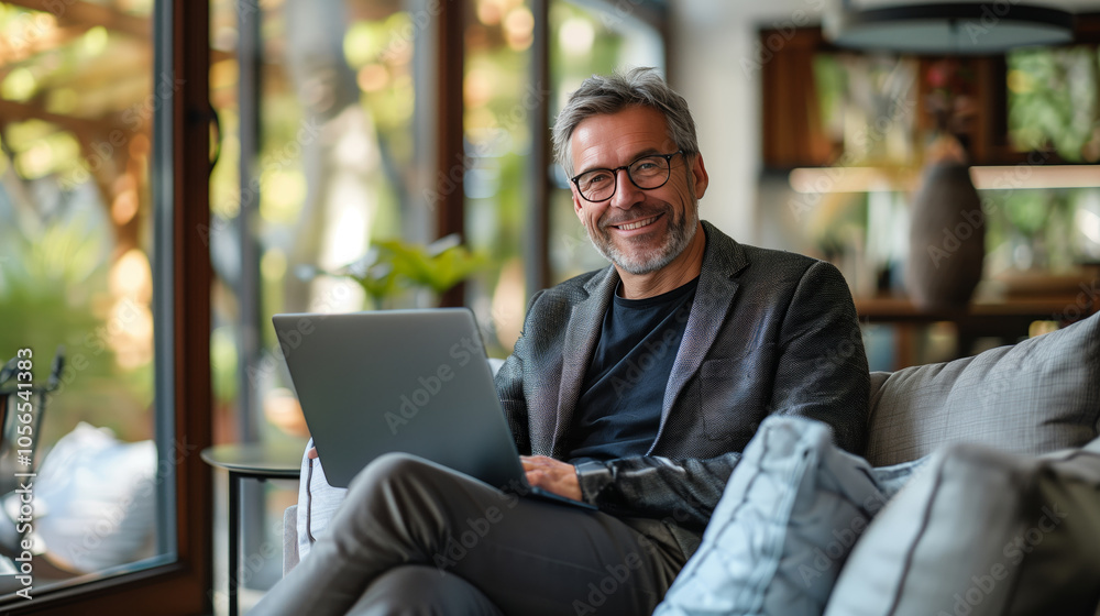 A smiling businessman sitting on the sofa in an office, using his laptop computer to work from home during a tight time. A smiling businessman sitting on the sofa in an office, using his laptop computer to work from home during a tight time.