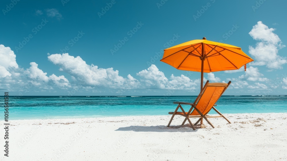 Beach Chair and Umbrella on Tropical Beach with Turquoise Ocean and White Sand Beach Chair and Umbrella on Tropical Beach with Turquoise Ocean and White Sand