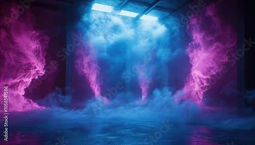 A dark room with smoke illuminated by blue and pink neon lights.