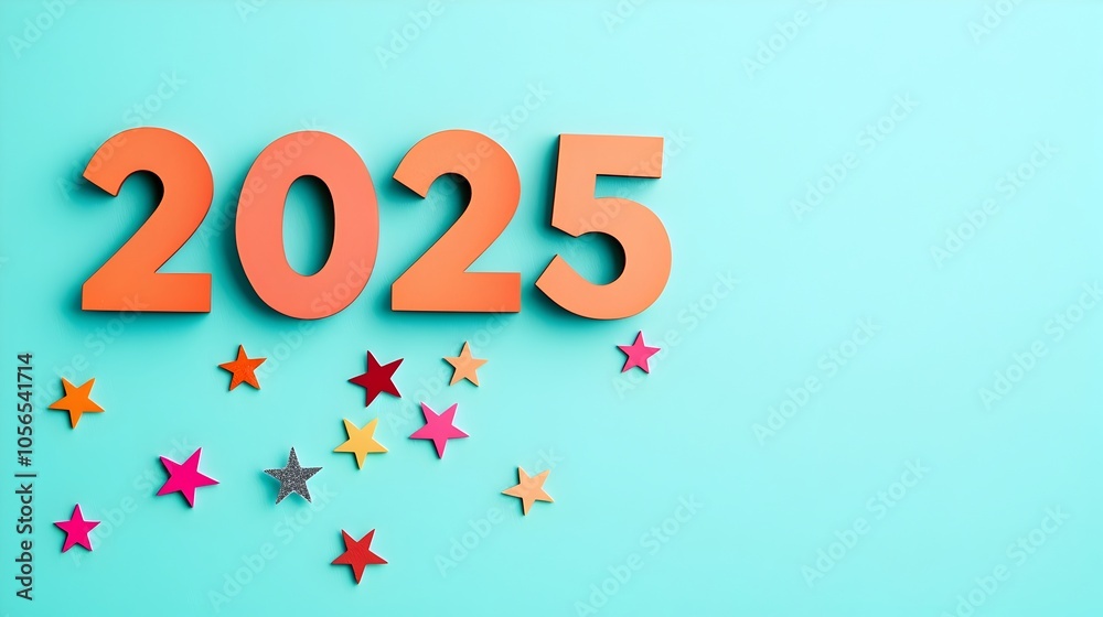 Futuristic and modern typography design featuring the year 2025 in a pastel mint color scheme accentuated by a sprinkling of whimsical twinkling stars Futuristic and modern typography design featuring the year 2025 in a pastel mint color scheme accentuated by a sprinkling of whimsical twinkling stars