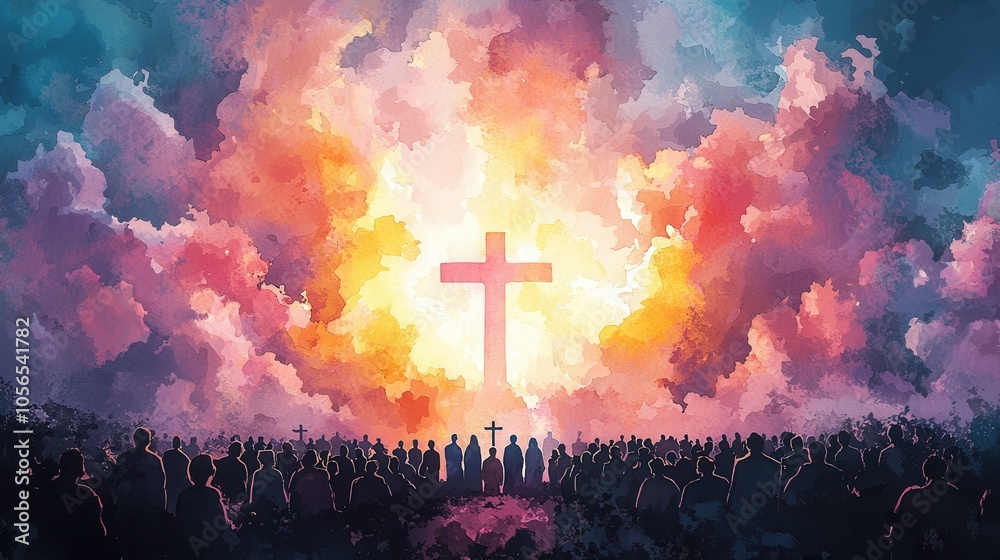Religion and clouds symbolism concept. A vibrant scene depicts a large crowd silhouetted against a glowing sky with a prominent cross at the center conveying a spiritual and uplifting atmosphere Religion and clouds symbolism concept. A vibrant scene depicts a large crowd silhouetted against a glowing sky with a prominent cross at the center conveying a spiritual and uplifting atmosphere