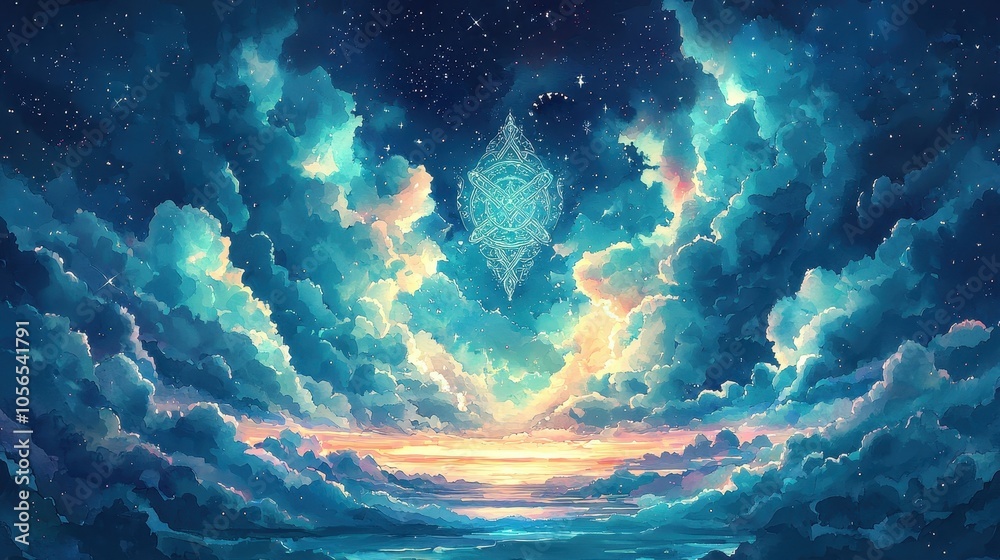 Fototapeta premium Religion and clouds symbolism concept. A vibrant sky filled with swirling clouds and sparkling stars transitioning from deep blues to warm yellows evoking a sense of wonder and tranquility